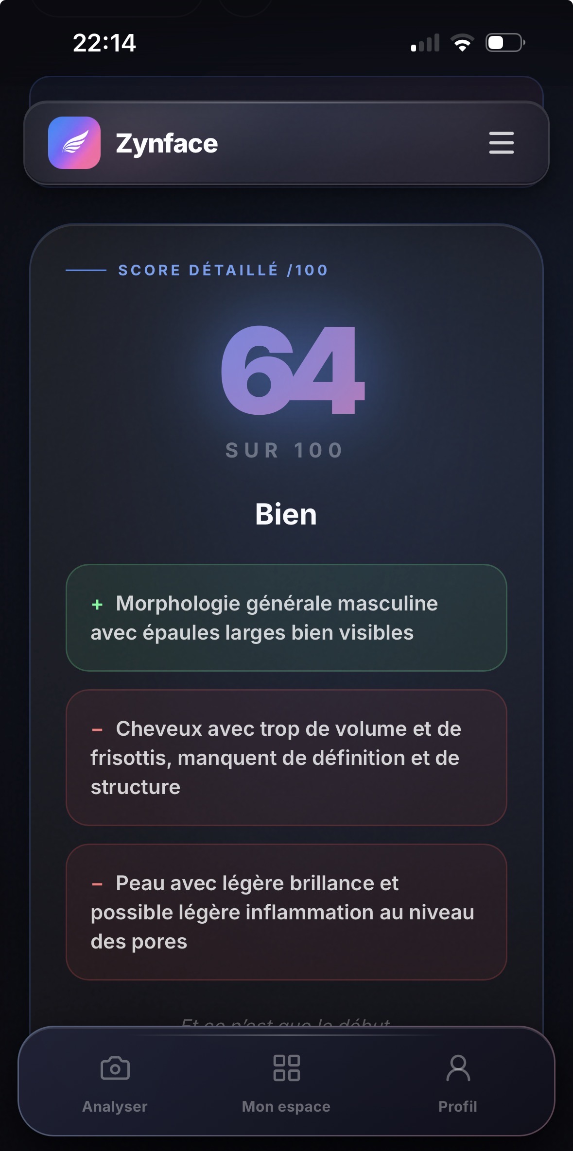 Écran de résultats Zynface avec un score détaillé de 64 sur 100 et les recommandations de l'analyse